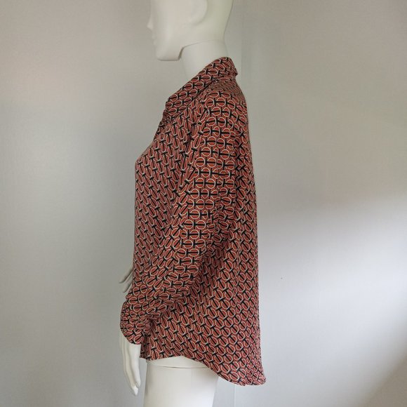 Express Women's Button Front Shirt Size Small Orange Black White Chain Print Top - Picture 4 of 8